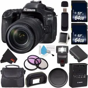Canon EOS 80D DSLR Camera with 18-135mm Lens 1263C006 (International Version) + 64GB SDXC Class 10 Memory Card + External Flash + Carrying Case + SD Card USB Reader + Memory Card Wallet Bundle