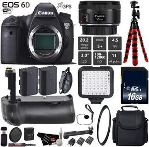 Canon EOS 6D DSLR Camera with 50mm f/1.8 STM Lens + Tripod + Professional Battery Grip + UV Protection Filter + LED Kit + Extra Battery + Case + Wrist Strap + Card Reader - Intl Model