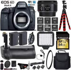 Canon EOS 6D Mark II DSLR Camera With 50mm 1.8 STM Lens + Professional Battery Grip + UV Protection Filter + LED Kit + Extra Battery + Case + Wrist Strap + Tripod + Card Reader - Intl Model Canon EOS 6D Mark II DSLR Camera With 50mm 1.8 STM Lens + Professional Battery Grip + UV Protection Filter + LED Kit + Extra Battery + Case + Wrist Strap + Tripod + Card Reader - Intl Model