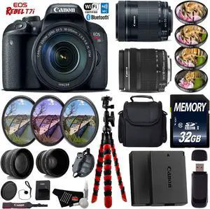 Canon EOS Rebel T7i DSLR Camera + 18-135mm STM Lens & 55-250mm IS STM Lens + Case + UV FLD CPL Filter Kit + 4 PC Macro Kit + Wide Angle & Telephoto Lens + Tripod + Card Reader- Intl Model