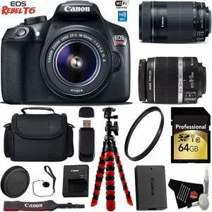 Canon EOS Rebel T6 DSLR Camera with 18-55mm IS Lens & 55-250mm IS STM Lens + Flexible Tripod + Professional Case + UV Protection Filter + Card Reader + Bundle (Intl Model)