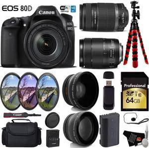 Canon EOS 80D DSLR Camera with 18-135mm is STM Lens & 55-250mm is II Lens + Tripod + UV FLD CPL Filter Kit + Wide Angle & Telephoto Lens + Camera Case + Card Reader - Intl Model