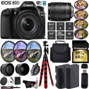 Canon EOS 80D DSLR Camera with 18-135mm is STM Lens + UV FLD CPL Filter Kit + 4 PC Macro Kit + Wide Angle & Telephoto Lens + Camera Case + Tripod + Card Reader - Intl Model