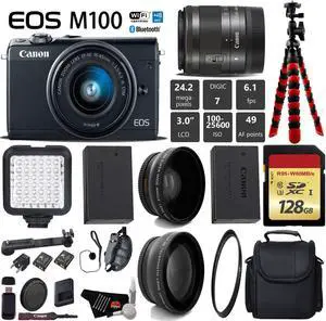 Canon EOS M100 Mirrorless Digital Camera (Black) with 15-45mm Lens + LED + UV FLD CPL Filter Kit + Wide Angle & Telephoto Lens + Camera Case + Tripod + Card Reader - International Version