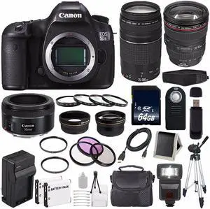 Canon EOS 5DS R DSLR Camera (International Model ) 0582C002 + Canon EF 24-105mm f/4L IS USM Lens + Canon EF 75-300 III+ EF 50mm f/1.8 STM Lens + LP-E6 Replacement Battery + Charger Bundle