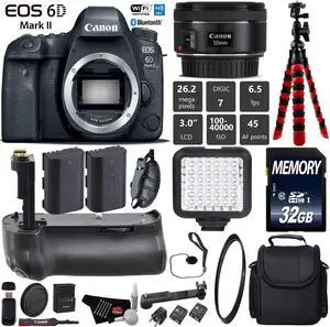 Canon EOS 6D Mark II DSLR Camera With 50mm 1.8 STM Lens + Wrist Strap + Professional Battery Grip + UV Protection Filter + LED Kit + Extra Battery + Case + Tripod + Card Reader - Intl Model