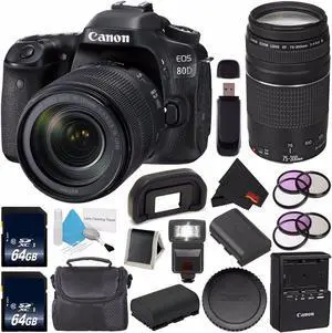 Canon EOS 80D DSLR Camera with 18-135mm Lens 1263C006 (International Version) + Canon EF 75-300mm f/4-5.6 III Telephoto Zoom Lens + 64GB SDXC Card + LP-E17 Replacement Lithium Ion Battery Bundle