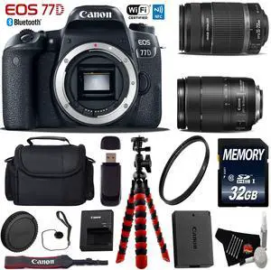Canon EOS 77D DSLR Camera with 18-135mm is STM Lens & 55-250mm is II Lens + UV Protection Filter + Flexible Tripod + Professional Case + Card Reader - Intl Model