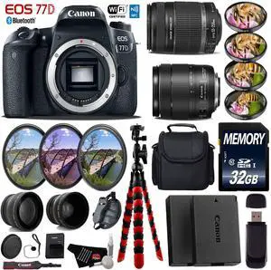Canon EOS 77D DSLR Camera & 18-135mm is STM Lens & 55-250mm is II Lens + Case + UV FLD CPL Filter Kit + 4 PC Macro Kit + Wide Angle & Telephoto Lens + Tripod + Card Reader - Intl Model