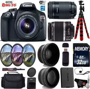 Canon EOS Rebel T6 DSLR Camera with 18-55mm IS Lens & 55-250mm IS STM Lens + UV FLD CPL Filter Kit + Tripod + Wide Angle & Telephoto Lens + Camera Case + Card Reader + Bundle (Intl Model)
