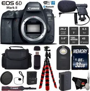 Canon EOS 6D Mark II DSLR Camera (Body Only) + Case + Wrist Strap + Wireless Remote + Condenser Microphone + Tripod + Card Reader - Intl Model