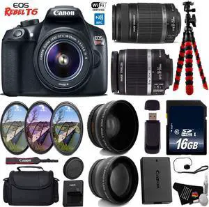 Canon EOS Rebel T6 DSLR Camera with 18-55mm IS Lens & 55-250mm IS II Lens + UV FLD CPL Filter Kit + Wide Angle & Telephoto Lens + Camera Case + Tripod + Card Reader + Bundle (Intl Model)