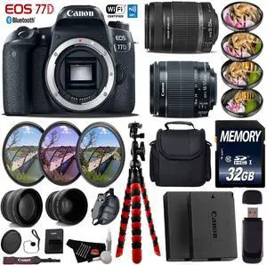 Canon EOS 77D DSLR Camera & 18-55mm is STM Lens & 55-250mm is II Lens + Tripod + UV FLD CPL Filter Kit + 4 PC Macro Kit + Wide Angle & Telephoto Lens + Case + Card Reader - Intl Model