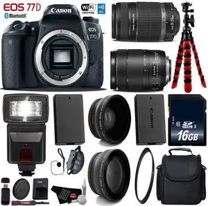Canon EOS 77D DSLR Camera with 18-135mm is STM Lens & 55-250mm is II Lens + Flash + UV FLD CPL Filter Kit + Wide Angle & Telephoto Lens + Case + Tripod + Card Reader - Intl Model