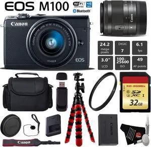 Canon EOS M100 Mirrorless Digital Camera (Black) with 15-45mm Lens + Flexible Tripod + UV Protection Filter + Professional Case + Card Reader - International Version