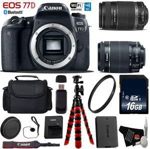 Canon EOS 77D DSLR Camera with 18-55mm is STM Lens & 55-250mm is II Lens + Flexible Tripod + UV Protection Filter + Professional Case + Card Reader - Intl Model