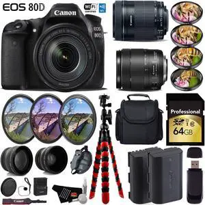 Canon EOS 80D DSLR Camera + 18-135mm STM Lens & 55-250mm is STM Lens + Tripod + UV FLD CPL Filter Kit + 4 PC Macro Kit + Wide Angle & Telephoto Lens + Case + Card Reader - Intl Model