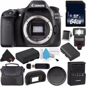 Canon EOS 80D DSLR Camera (Body Only) 1263C004 (International Version) + 64GB SDXC Class 10 Memory Card + LP-E17 Replacement Lithium Ion Battery + External Flash + Carrying Case Bundle