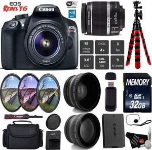 Canon EOS Rebel T6 DSLR Camera with 18-55mm IS II Lens + UV FLD CPL Filter Kit + Tripod + Wide Angle & Telephoto Lens + Camera Case + Card Reader + Bundle (Intl Model)