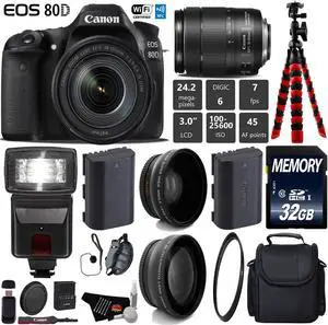 Canon EOS 80D DSLR Camera with 18-135mm is STM Lens + Camera Case + Flash + UV FLD CPL Filter Kit + Wide Angle & Telephoto Lens + Tripod + Card Reader - Intl Model