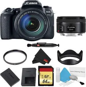 Canon EOS 77D DSLR Camera with 18-135mm Lens Bundle w/ Memory Kit + Bonus 50mm Lens (Intl Model)
