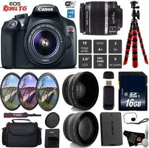 Canon EOS Rebel T6 DSLR Camera with 18-55mm IS II Lens + UV FLD CPL Filter Kit + Wide Angle & Telephoto Lens + Camera Case + Tripod + Card Reader + Bundle (Intl Model)