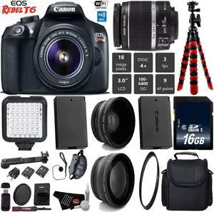 Canon EOS Rebel T6 DSLR Camera with 18-55mm IS II Lens + LED + UV FLD CPL Filter Kit + Wide Angle & Telephoto Lens + Camera Case + Tripod + Card Reader + Bundle (Intl Model)
