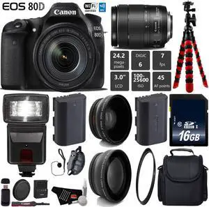 Canon EOS 80D DSLR Camera with 18-135mm is STM Lens + Tripod + Flash + UV FLD CPL Filter Kit + Wide Angle & Telephoto Lens + Camera Case + Card Reader - Intl Model