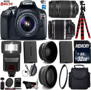Canon EOS Rebel T6 DSLR Camera with 18-55mm IS Lens & 55-250mm IS II Lens + Flash + Camera Case + UV FLD CPL Filter Kit + Wide Angle & Telephoto Lens + Tripod + Card Reader + Bundle (Intl Model)