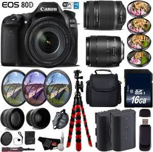 Canon EOS 80D DSLR Camera & 18-135mm is STM Lens & 55-250mm is II Lens + UV FLD CPL Filter Kit + 4 PC Macro Kit + Wide Angle & Telephoto Lens + Case + Tripod + Card Reader - Intl Model