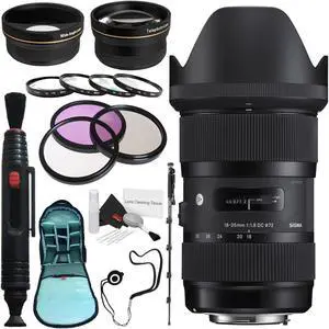 Sigma 18-35mm f/1.8 DC HSM Art Lens for Canon # 210-101 + 72mm 3 Piece Filter Kit + Lens Pen Cleaner + 72mm Wide Angle Lens + 272mm 2x Telephoto Lens + SLR Camera Sling Bag + 70in Monopod Bundle