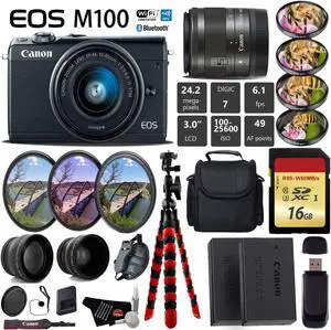 Canon EOS M100 Mirrorless Digital Camera (Black) with 15-45mm Lens + UV FLD CPL Filter Kit + 4 PC Macro Kit + Wide Angle & Telephoto Lens + Camera Case + Tripod + Card Reader - International Version