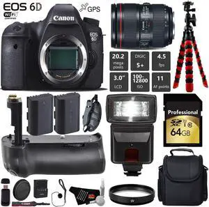 Canon EOS 6D DSLR Camera with 24-105mm f/4L II Lens + Professional Battery Grip + UV Protection Filter + Flash + Extra Battery + Case + Wrist Strap + Tripod + Card Reader - Intl Model