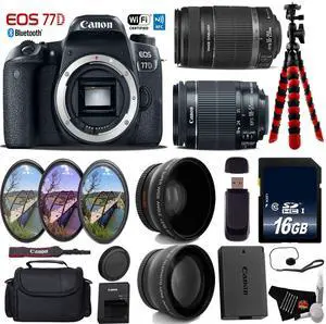 Canon EOS 77D DSLR Camera with 18-55mm is STM Lens & 55-250mm is II Lens + UV FLD CPL Filter Kit + Wide Angle & Telephoto Lens + Camera Case + Tripod + Card Reader - Intl Model