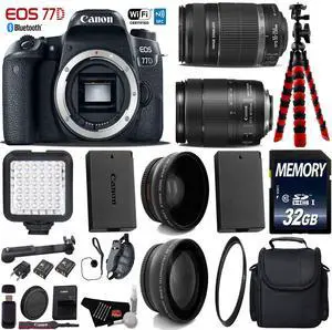 Canon EOS 77D DSLR Camera with 18-135mm is STM Lens & 55-250mm is II Lens + Tripod + LED + UV FLD CPL Filter Kit + Wide Angle & Telephoto Lens + Camera Case + Card Reader - Intl Model