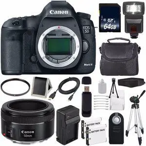 Canon EOD 5D III Digital Camera International Model + Canon EF 50mm f/1.8 STM Lens + 64GB Class 10 Card Bundle