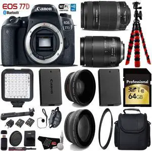 Canon EOS 77D DSLR Camera with 18-135mm is STM Lens & 55-250mm is II Lens + Camera Case + LED + UV FLD CPL Filter Kit + Wide Angle & Telephoto Lens + Tripod + Card Reader - Intl Model