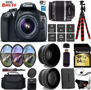Canon EOS Rebel T6 DSLR Camera with 18-55mm IS II Lens + UV FLD CPL Filter Kit + Camera Case + Wide Angle & Telephoto Lens + Tripod + Card Reader + Bundle (Intl Model)