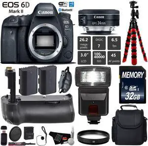 Canon EOS 6D Mark II DSLR Camera With 24mm f/2.8 STM Lens + Wrist Strap + Professional Battery Grip + UV Protection Filter + Flash + Extra Battery + Case + Tripod + Card Reader - Intl Model