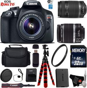 Canon EOS Rebel T6 DSLR Camera with 18-55mm IS Lens & 55-250mm IS II Lens + Flexible Tripod + Card Reader + UV Protection Filter + Professional Case + Bundle (Intl Model)