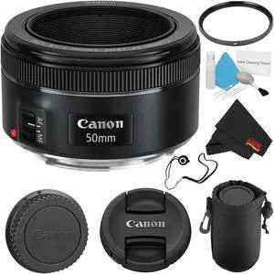 Canon EF 50mm f/1.8 STM Lens (Intl Model) + 49mm UV Filter + Deluxe Lens Pouch + Deluxe Cleaning Kit + Lens Cap Keeper + MicroFiber Cloth Bundle
