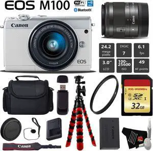 Canon EOS M100 Mirrorless Digital Camera (White) with 15-45mm Lens + Flexible Tripod + UV Protection Filter + Professional Case + Card Reader - International Version