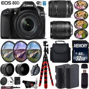Canon EOS 80D DSLR Camera & 18-135mm is STM Lens & 55-250mm is II Lens + Case + UV FLD CPL Filter Kit + 4 PC Macro Kit + Wide Angle & Telephoto Lens + Tripod + Card Reader - Intl Model