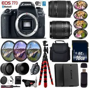 Canon EOS 77D DSLR Camera & 18-135mm is STM Lens & 55-250mm is II Lens + UV FLD CPL Filter Kit + 4 PC Macro Kit + Wide Angle & Telephoto Lens + Case + Tripod + Card Reader - Intl Model