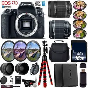 Canon EOS 77D DSLR Camera & 18-55mm is STM Lens & 55-250mm is II Lens + UV FLD CPL Filter Kit + 4 PC Macro Kit + Wide Angle & Telephoto Lens + Case + Tripod + Card Reader - Intl Model