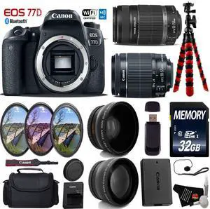 Canon EOS 77D DSLR Camera with 18-55mm is STM Lens & 55-250mm is II Lens + Camera Case + UV FLD CPL Filter Kit + Wide Angle & Telephoto Lens + Tripod + Card Reader - Intl Model