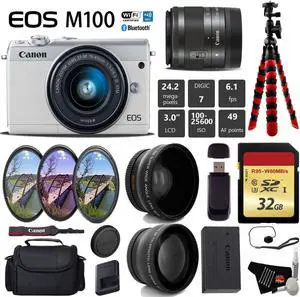 Canon EOS M100 Mirrorless Digital Camera (White) with 15-45mm Lens + UV FLD CPL Filter Kit + Wide Angle & Telephoto Lens + Camera Case + Tripod + Card Reader - International Version