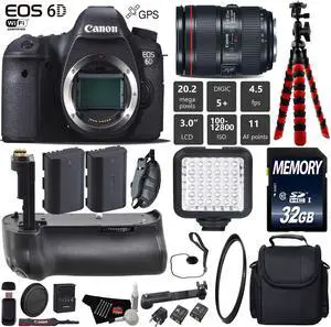 Canon EOS 6D DSLR Camera with 24-105mm f/4L II Lens + Professional Battery Grip + Wrist Strap + UV Protection Filter + LED Kit + Extra Battery + Case + Tripod + Card Reader - Intl Model
