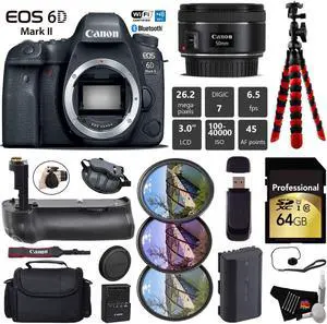 Canon EOS 6D Mark II DSLR Camera with 50mm f/1.8 STM Lens + Professional Battery Grip + UV FLD CPL Filter Kit + Case + Wrist Strap + Tripod + Card Reader - Intl Model Canon EOS 6D Mark II DSLR Camera with 50mm f/1.8 STM Lens + Professional Battery Grip + UV FLD CPL Filter Kit + Case + Wrist Strap + Tripod + Card Reader - Intl Model