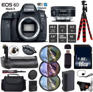 Canon EOS 6D Mark II DSLR Camera with 24mm f/2.8 STM Lens + Tripod + Professional Battery Grip + UV FLD CPL Filter Kit + Case + Wrist Strap + Card Reader - Intl Model